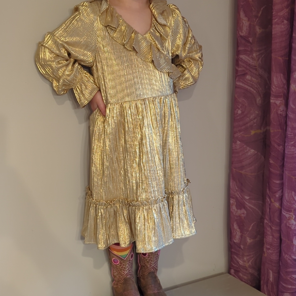 Janie‎ and Jack Dress Metallic Plisse Faux Wrap Gold Long Sleeve size 6